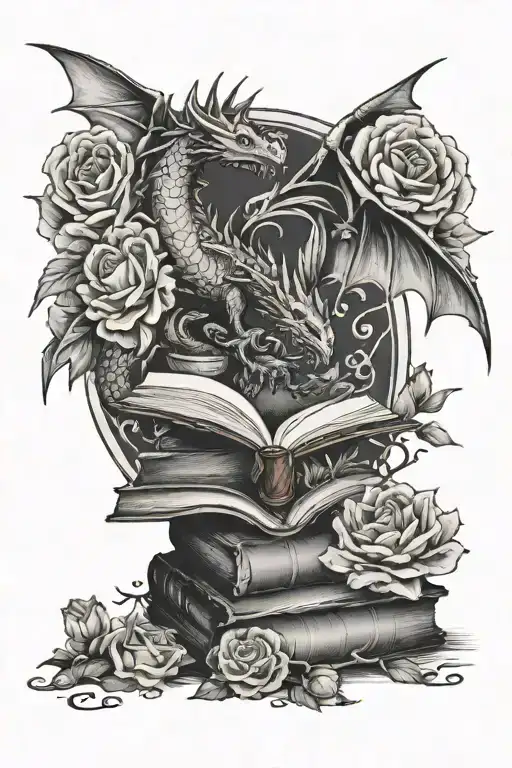books, flowers, and dragons fly tattoo design idea