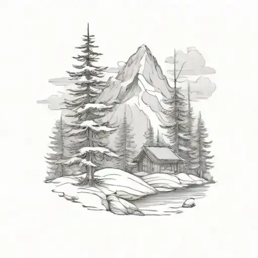 Mountain Scene pine trees tattoo design idea