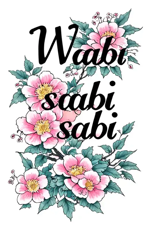"Wabi sabi" Japanese text written "wabi sabi" with flowers intertwined tattoo design idea