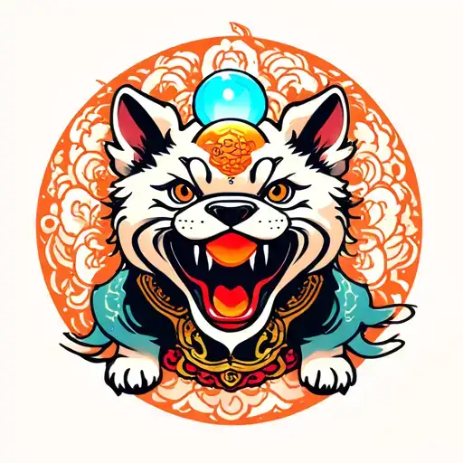 fu dog with orb symbolizing power tattoo design idea