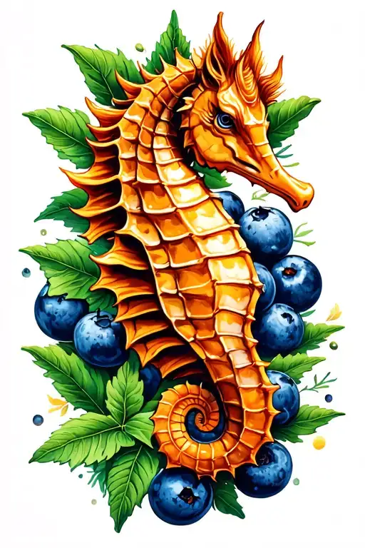 Seahorse holding a blueberry in the curl of the tail tattoo design idea