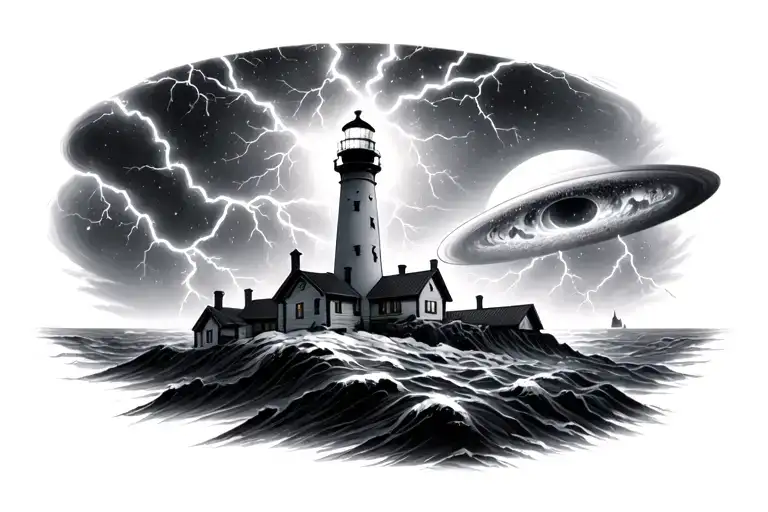 lighthouse, black hole, planet, lightning, storm, space tattoo design idea