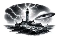 lighthouse, black hole, planet, lightning, storm, space tattoo design idea