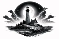 lighthouse, black hole, planet, lightning, storm, space tattoo design idea