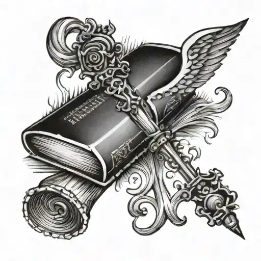 an open Bible with a torch above it and the words post tenebras lux below it tattoo design idea