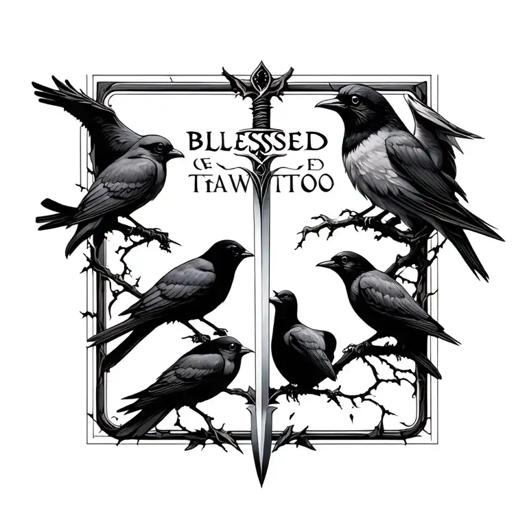 4 birds broken sword and the word blessed tattoo design idea