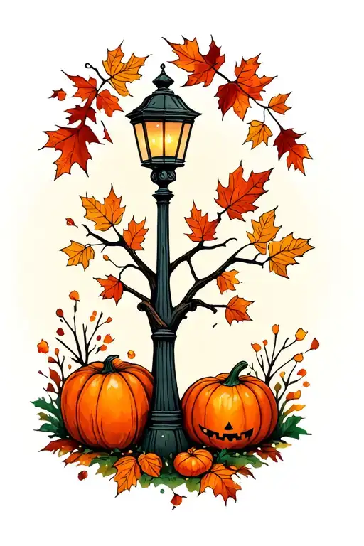 fall inspired, leaves, pumpkins, trees, cute, lamp post, stamp tattoo design idea