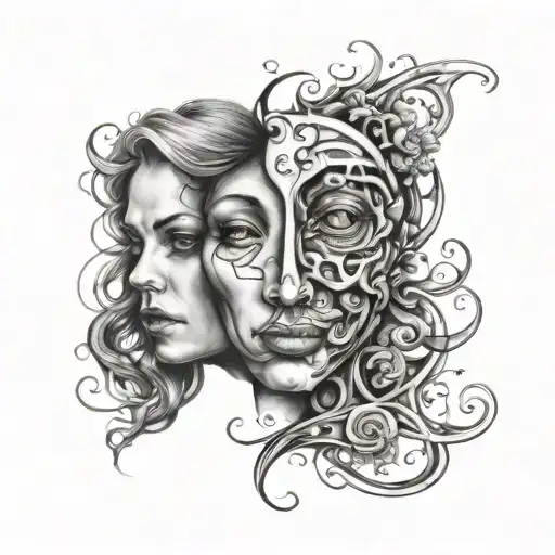 borderline personality disorder using heart and two faces  tattoo design idea