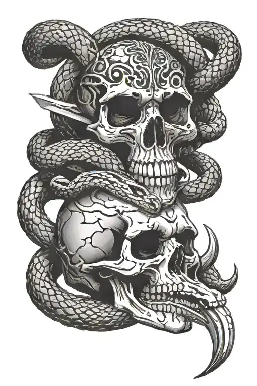 skull and rattle snake with knife tattoo design idea