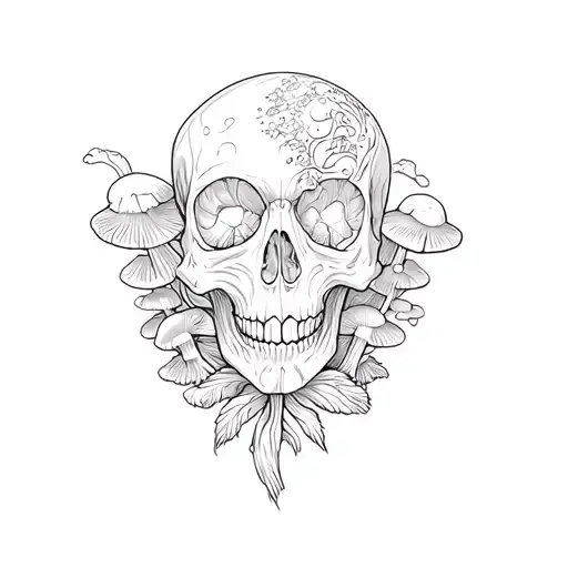 a psychedelic skull surrounded by mushrooms growing tattoo design idea