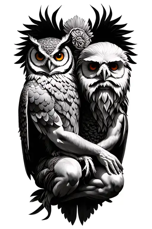 zeus and owl sitting tattoo design idea