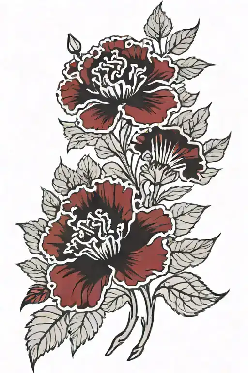 burgundy carnations and black ginkgo leaves tattoo design idea