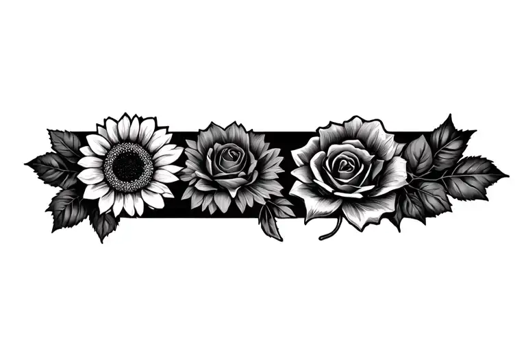 roses , sunflower , clover leaf tattoo design idea