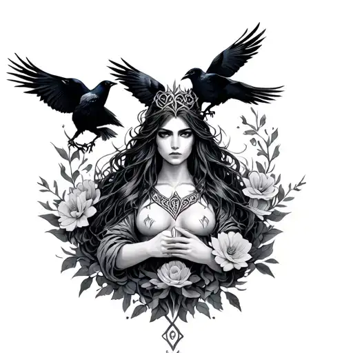 Celtic goddess morrigan, armed with her crows around her. entwined in flowers tattoo design idea