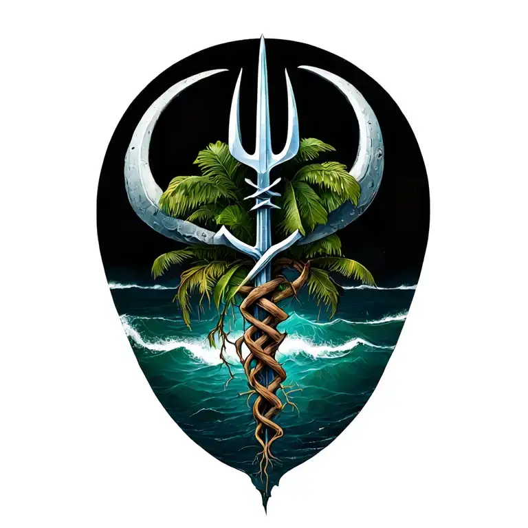 Island of Barbados growing from roots with a broken trident intertwined in the back tattoo design idea
