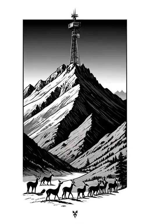 mountain with a small radio tower on top of the mountain and a group of gazelles closing the bottom of the mountain line tattoo design idea