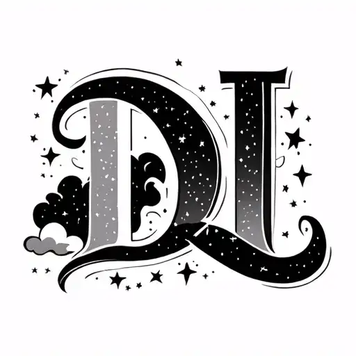 letters d, t, l with stars and clouds tattoo design idea