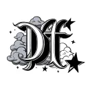 letters d, t, l with stars and clouds tattoo design idea