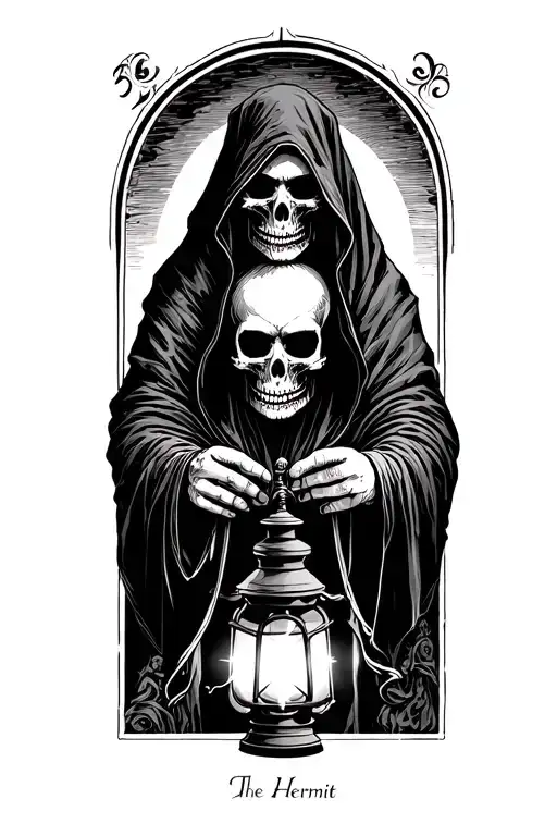 The hermit tarot walking sideways in darkness holding a lantern thats emitting light. Skull face cloaked in hood tattoo design idea