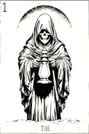The hermit tarot walking sideways in darkness holding a lantern thats emitting light. Skull face cloaked in hood tattoo design idea