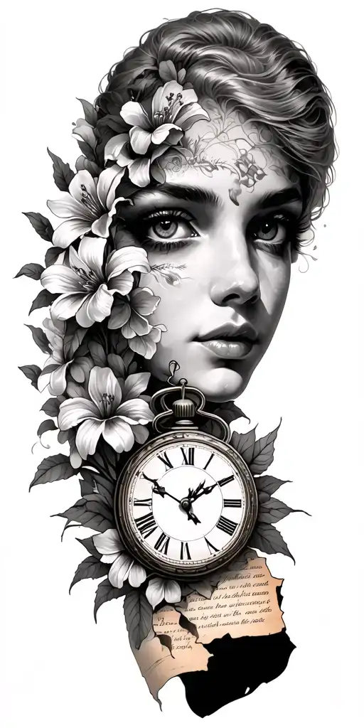 Design me a man’s sleeve tattoo with a woman’s eye and Lillie flowers around it, a old clock and ripped pages underneath tattoo design idea