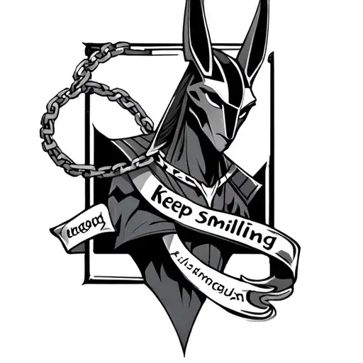 Anubis god with a chain that says keep smiling  tattoo design idea