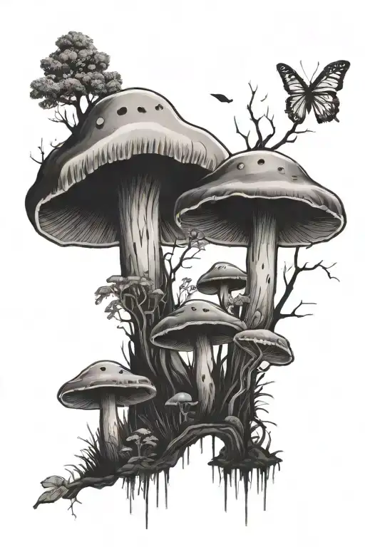 Mirrored mushroom forest scene tattoo design idea