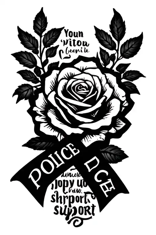 police support ribbon with rose and quote tattoo design idea