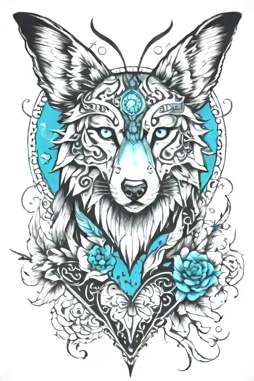 butterfly dragonfly heart turquoise wolf howling at the moon tattoo design idea