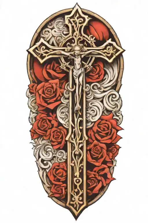 detailed catholic cross tattoo design idea
