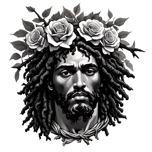 Afrocentric jesus with thorns and locs. Roses at the top of his head with thorn vines framing him.  tattoo design idea