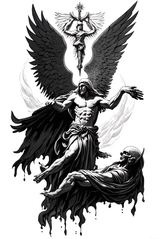 St Michael above,  Reaper figure below, both reaching for a soul that is between them tattoo design idea