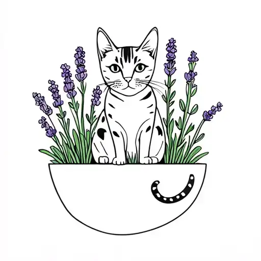a fine line tattoo of a tabby cat sitting in lavender plants tattoo design idea