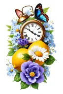 rose and violets and daisies and butterfly resting and lemons and thunderstorm and clock and cat eye tattoo design idea