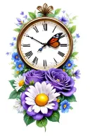 rose and violets and daisies and butterfly resting and lemons and thunderstorm and clock and cat eye tattoo design idea