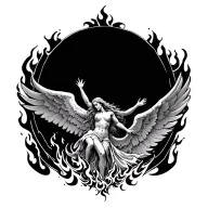 higher power saving fallen angel from the depths surrounded by flames on bottom, trancending into a "heaven" like era tattoo design idea