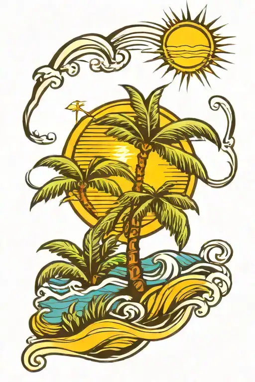 Palm tree with waves and sun tattoo design idea