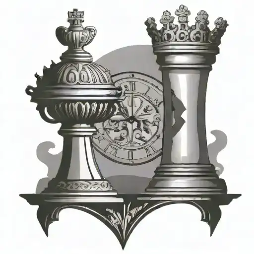 Roman numerals clock outline with king and rook chess piece for top of arm tattoo design idea