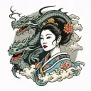 japanese geisha with scary dragon wrapped and traditional eastern clouds around it tattoo design idea