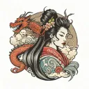 japanese geisha with scary dragon wrapped and traditional eastern clouds around it tattoo design idea