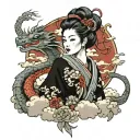 japanese geisha with scary dragon wrapped and traditional eastern clouds around it tattoo design idea
