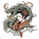 japanese geisha with scary dragon wrapped and traditional eastern clouds around it tattoo design idea