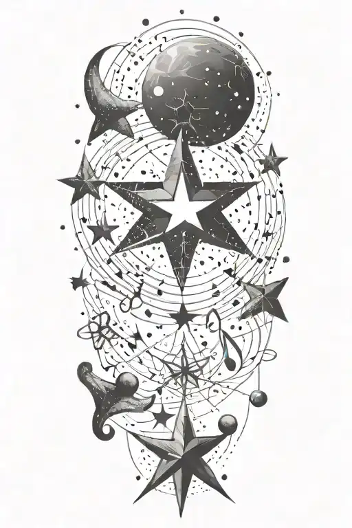 A minimalist design of the Pleiades star system intertwined with musical notes to represent the harmony of the cosmos tattoo design idea