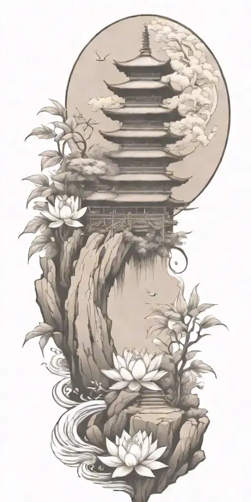 buddhist inpired tattoo with scenary of nature, bamboo, water, and with lotus, koi fish, small budda and spiritual stuff tattoo design idea