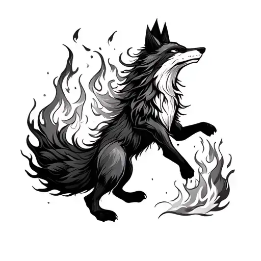 Free Spirit dancing around a blazing fox transforming tattoo design idea