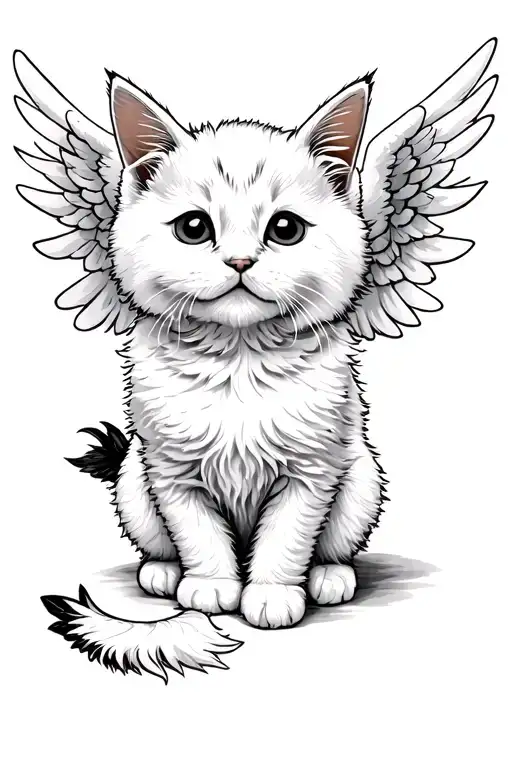 white fluffy kitten with angel wings spread wide tattoo design idea