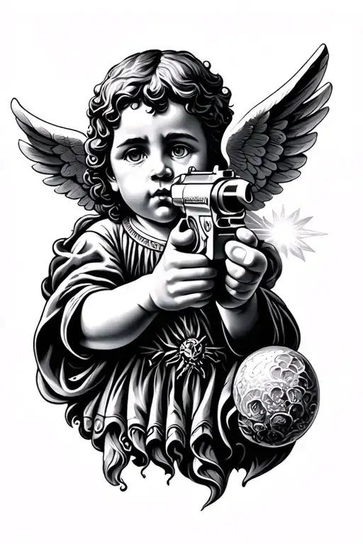 cosmic cherub aiming gun shooting tattoo design idea
