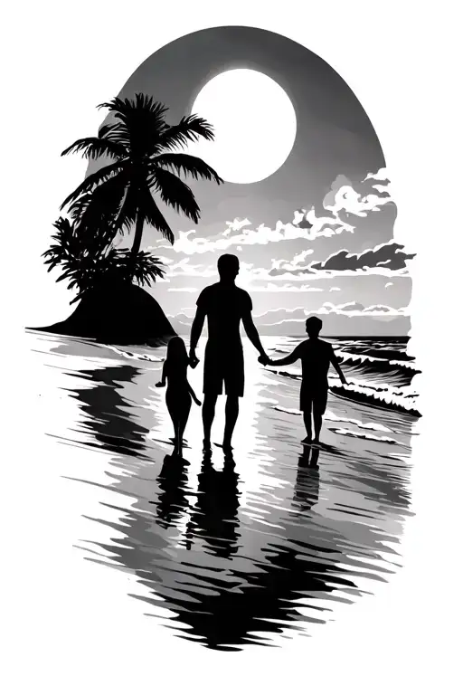 sunset beach scheme black sillhouete.  Girl, Man, Boy holding hands. tattoo design idea