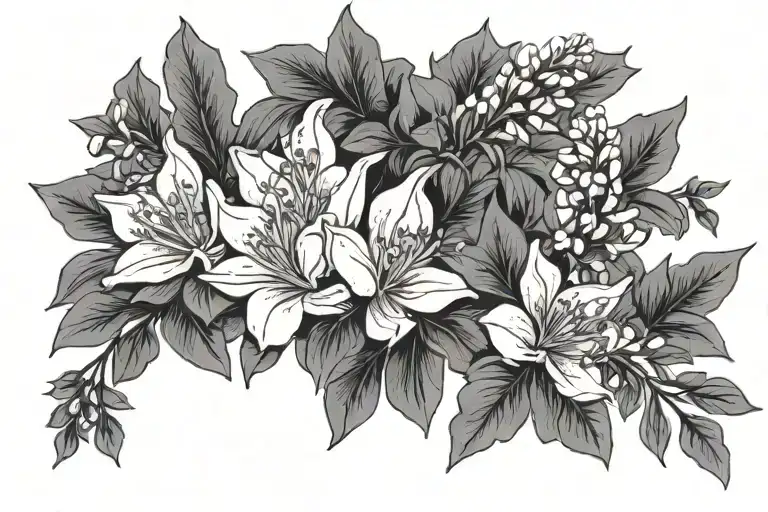forearm sleeve featuring lupine, foxglove, fireweed, laurel, lilac flowers tattoo design idea