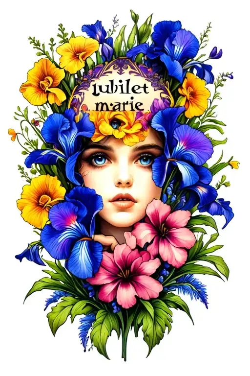 the name "juliet marie" with a floral backdrop with irises. no face tattoo design idea